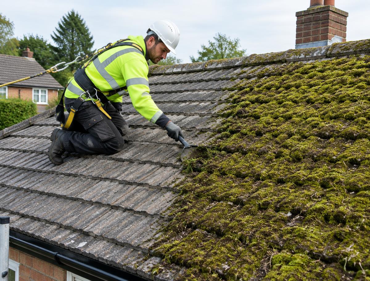 TWCC Group operative in hi-vis, hard hat and safety harness removing moss from a tiled roof by hand, cleared tiles beside the moss-covered section
