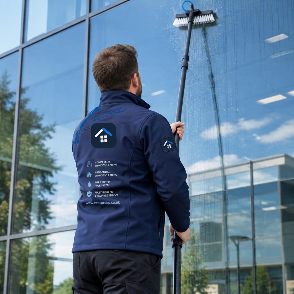 TWCC Group professional cleaning commercial windows with a pure water fed pole