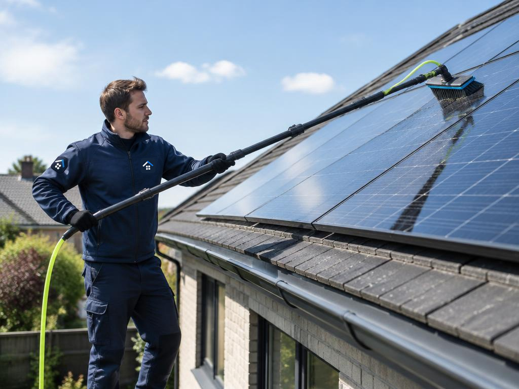 TWCC Group operative cleaning solar panels on a roof with a soft brush water fed pole